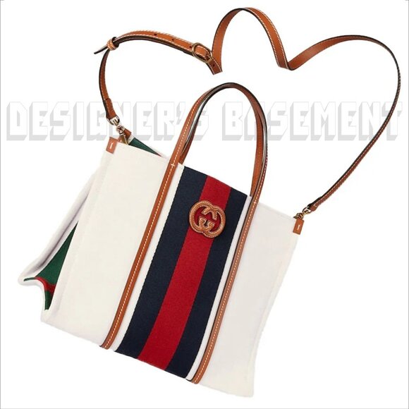 GUCCI white Canvas w/ cognac Leather Interlocking G WEB Medium Shopping Tote Bag - Picture 8 of 12